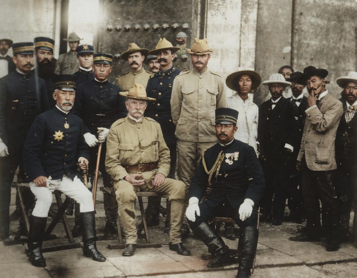 这张照片里，八国联军的美日军官，正坐在紫禁城宫门前合影。
1900年，八国联军攻