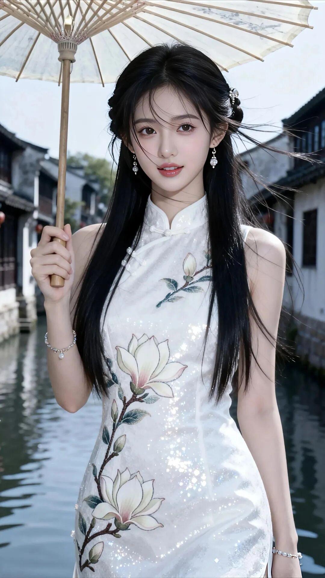 人物与造型
妆容发饰：少女拥有一头乌黑柔顺的长直发，部分发丝轻挽，搭配精致的耳饰