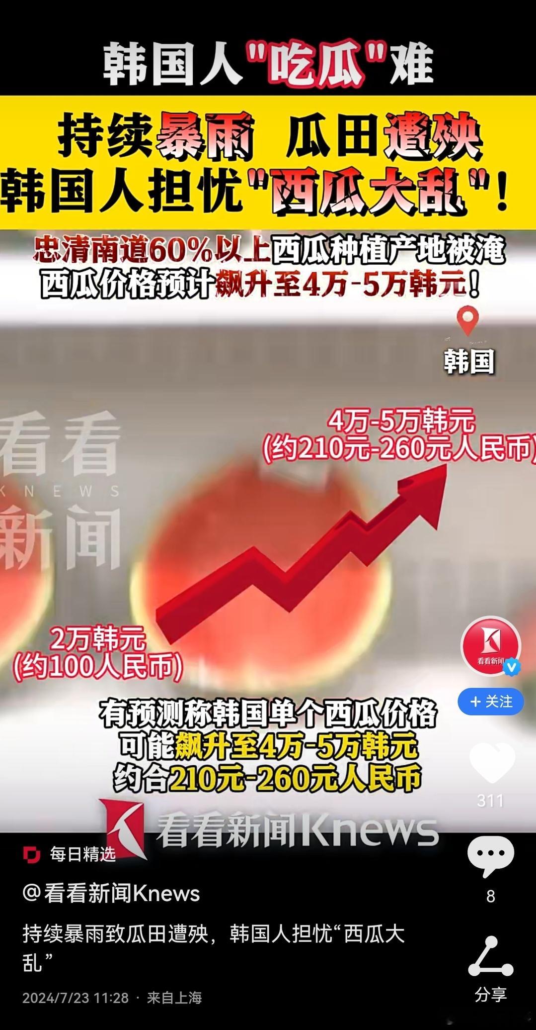 韩国西瓜受灾减产，涨价了，我们有没有部门组织西瓜出口韩国呢？ ​​​
