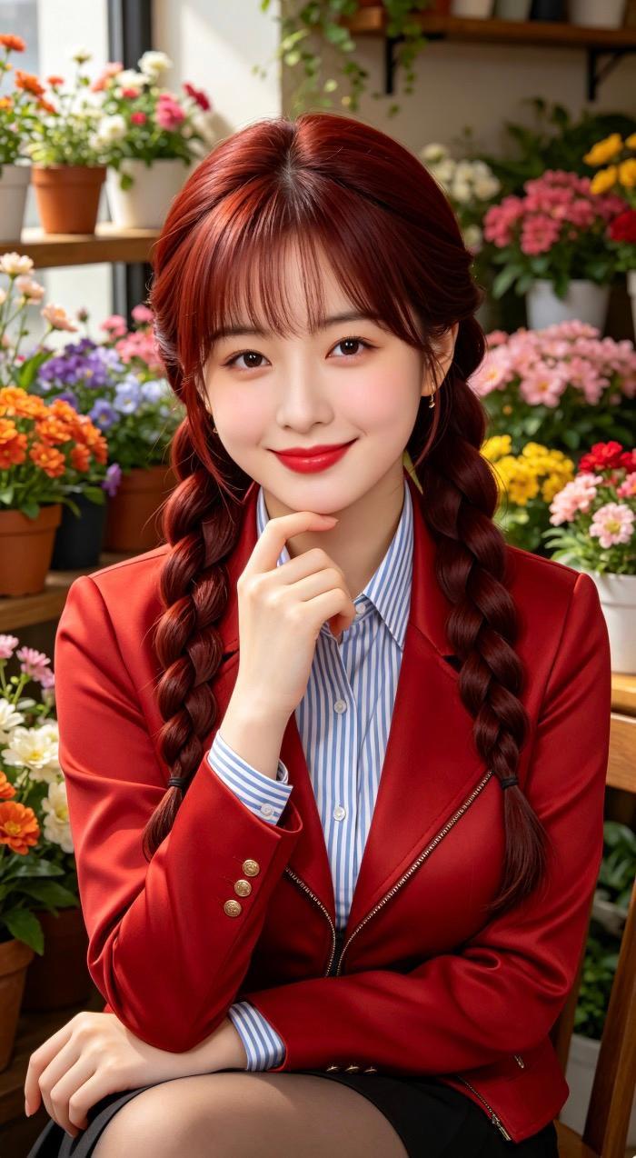 红衣美人倚花丛，笑语盈盈似画卷。