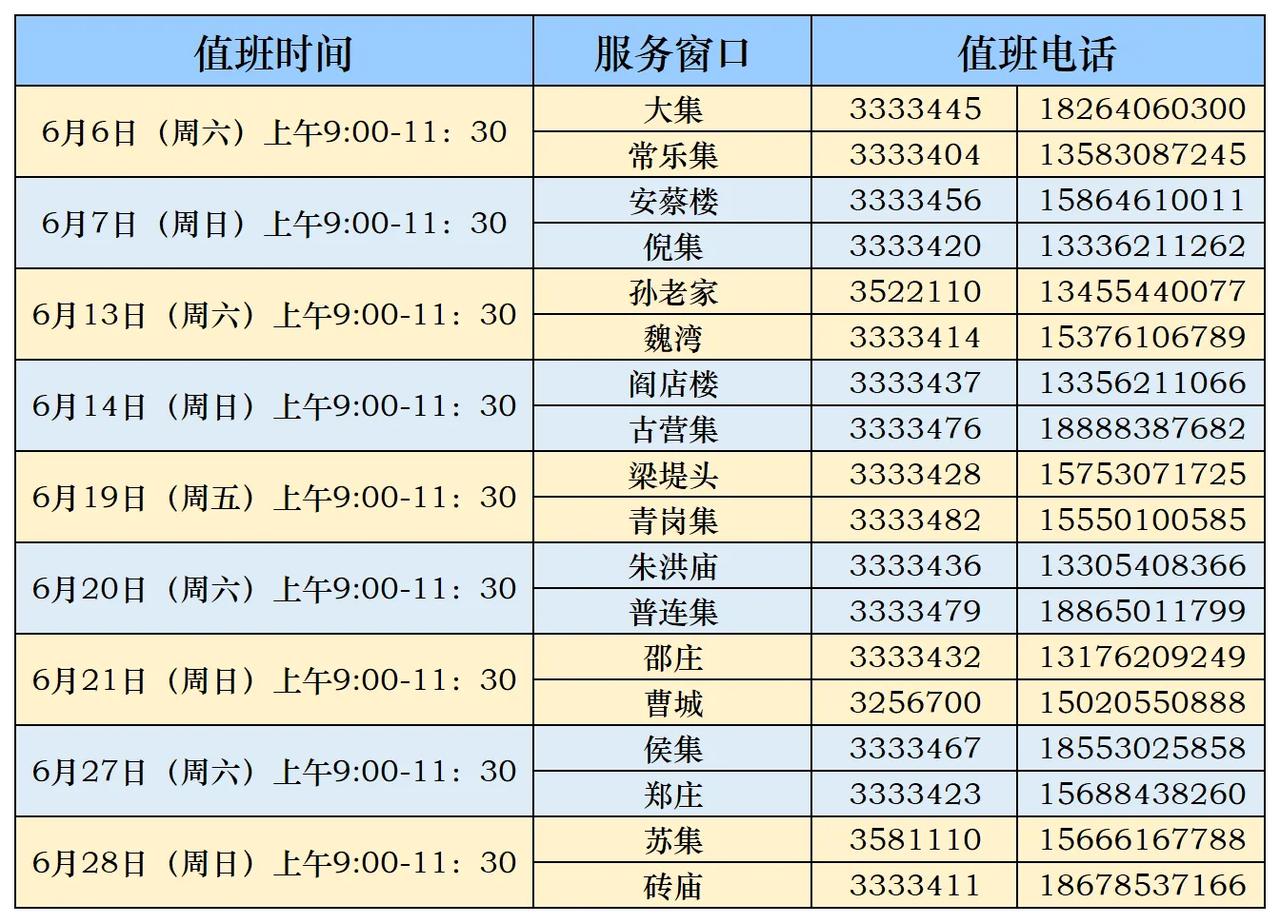 曹县六月份户籍窗口值班表
