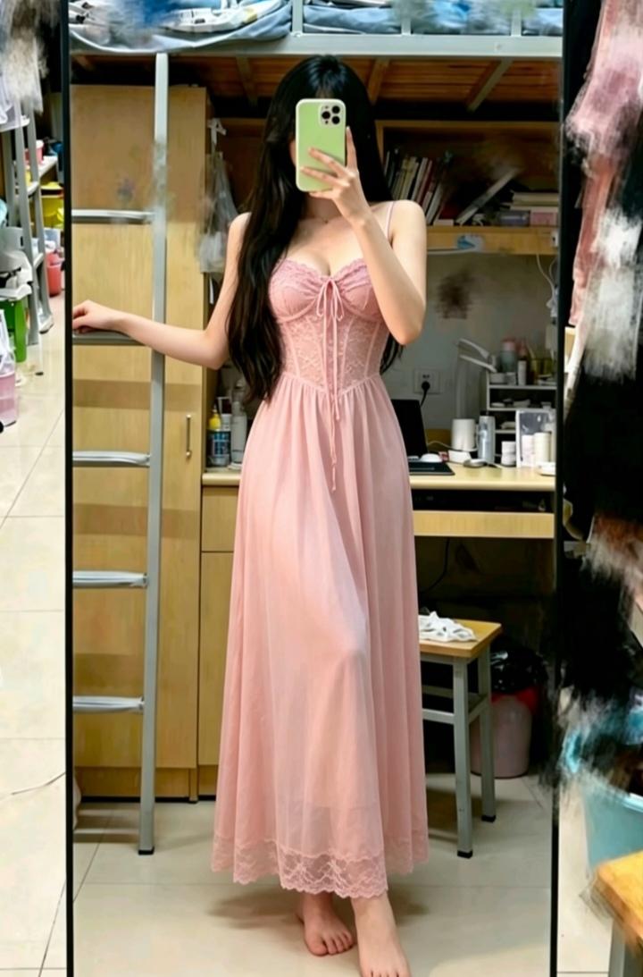 女大穿搭日常 粉色连衣裙 御姐 无法拒绝温柔感小裙子 纯欲吊带连衣长裙连衣裙