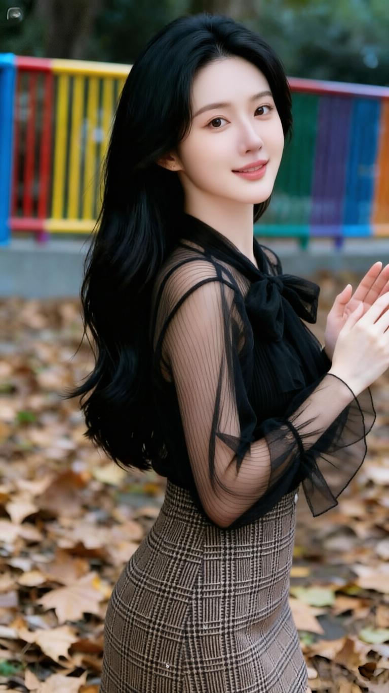 她偏爱温柔的网纱上衣，浅粉色款带着精致的蝴蝶结领和喇叭袖，朦胧的网纱材质透着轻盈