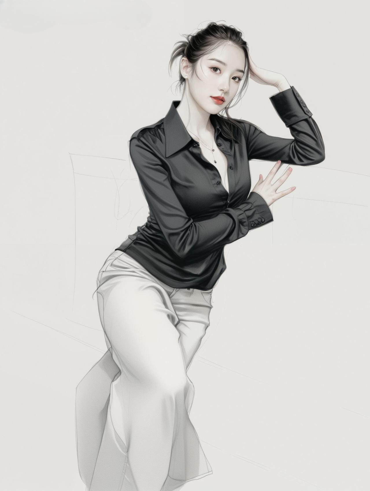 优雅黑衬衫，白裤显气质，红唇点睛，气质女神范儿