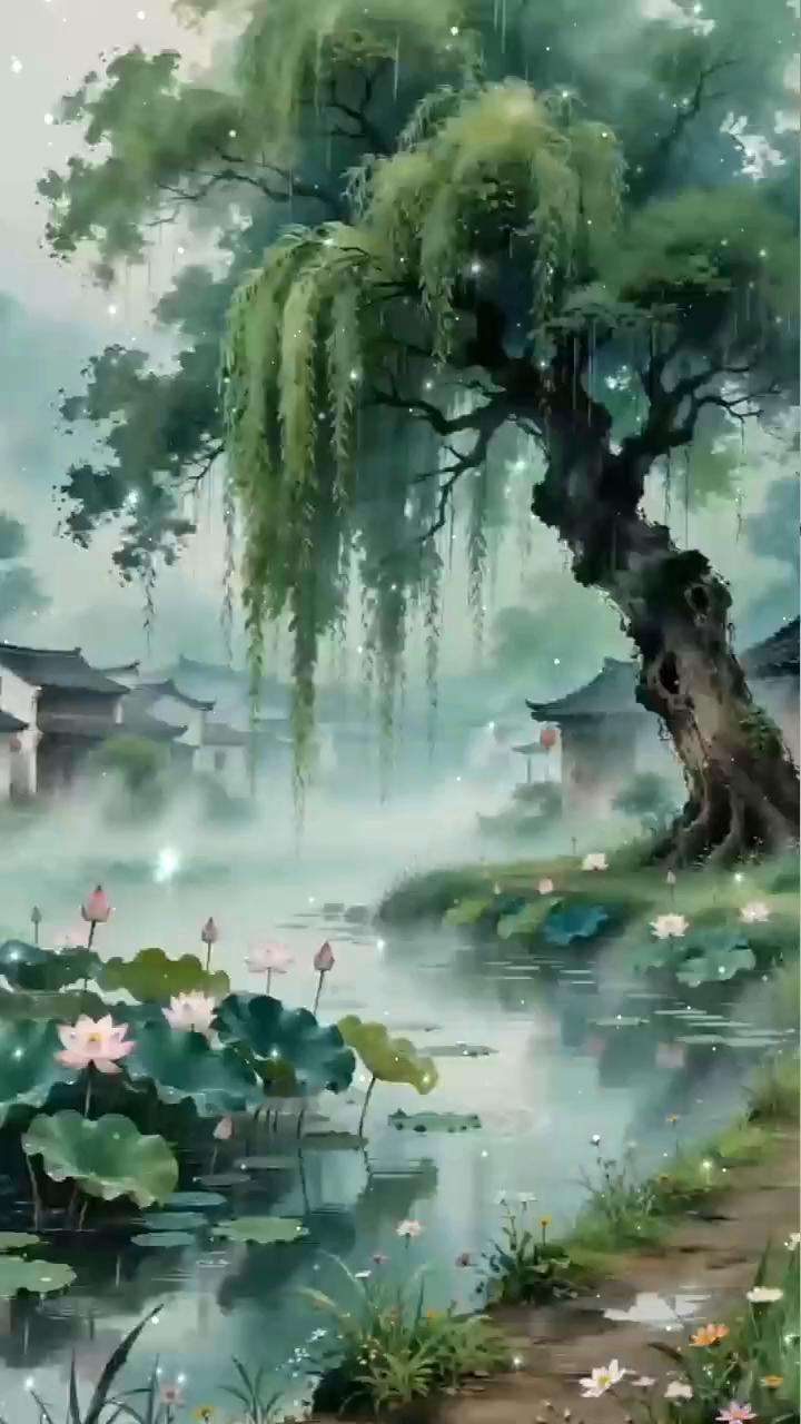 雨打荷叶藤绕古容水墨。