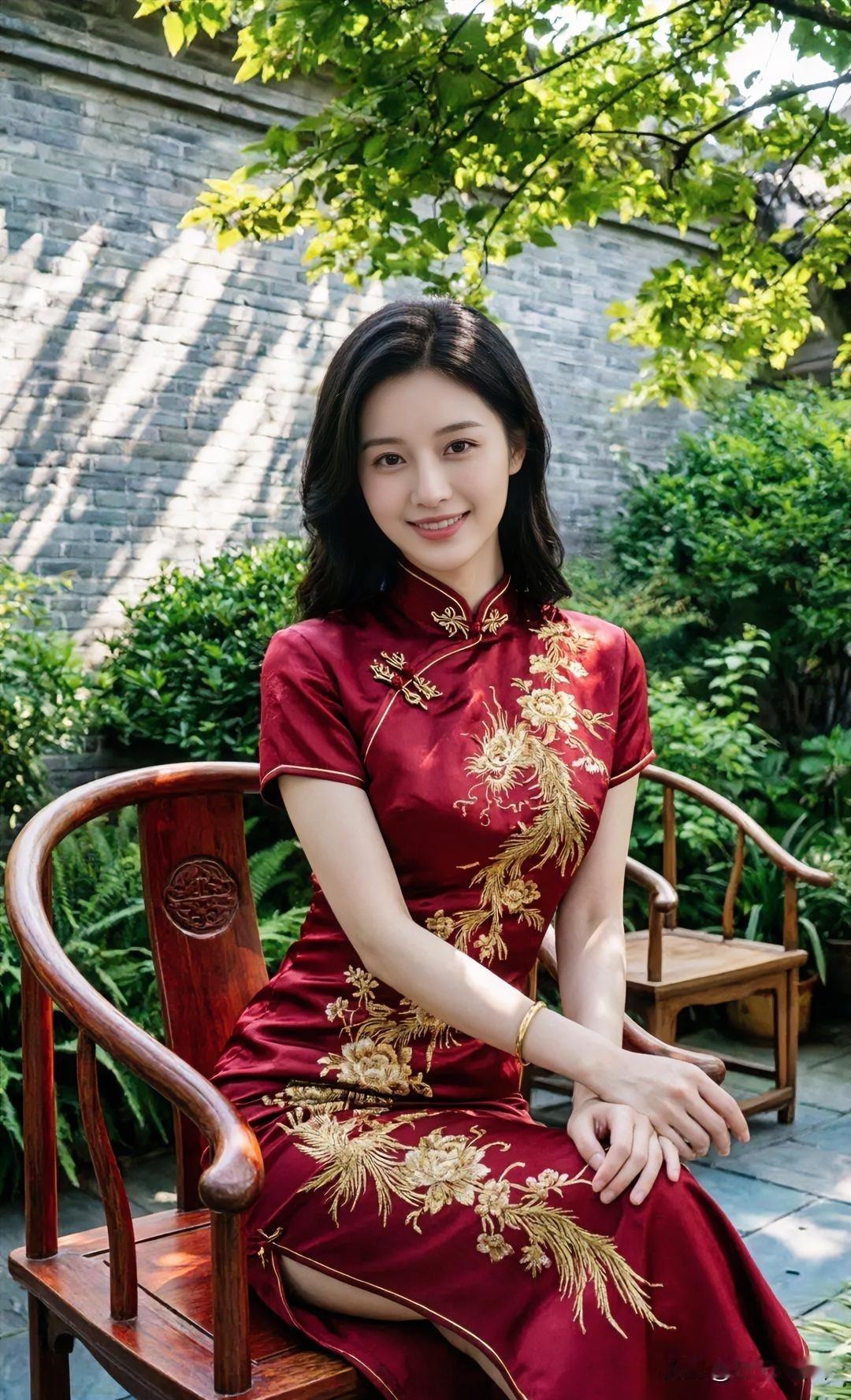 红绸绣金，裁出东方的韵。
盘扣含情，锁住岁月的温。
木椅承身，漫溢古典的魂。
绿