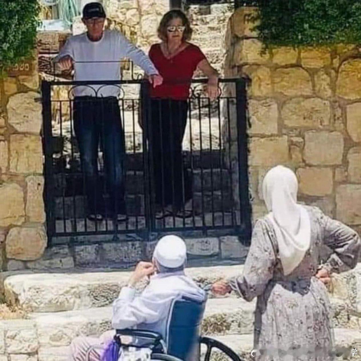 一对巴勒斯坦老夫妇凝视着他们曾经的家，如今被来自布鲁克林的一对夫妇侵占。🇵🇸