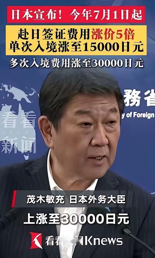 日本签证费涨得离谱，从7月1日起，单次旅游签证费从3000日元涨到1.5万，多次