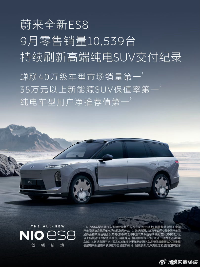 蔚来ES9连续四个月登顶50万级纯电市场销量第一，蔚来全新ES8蝉联40万级车型