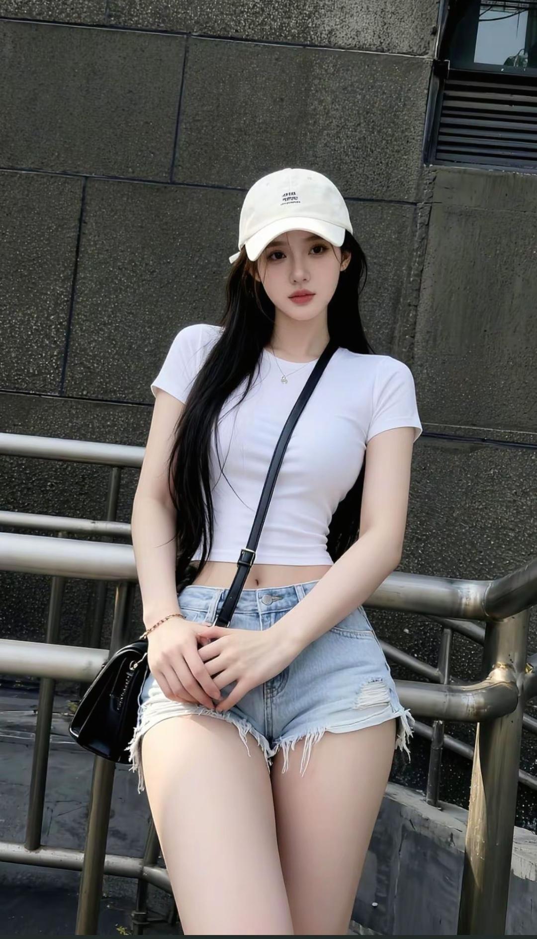 夏日清新穿搭，白色T恤+牛仔短裤，搭配白色棒球帽，青春活力满满！🌞👒👗👖