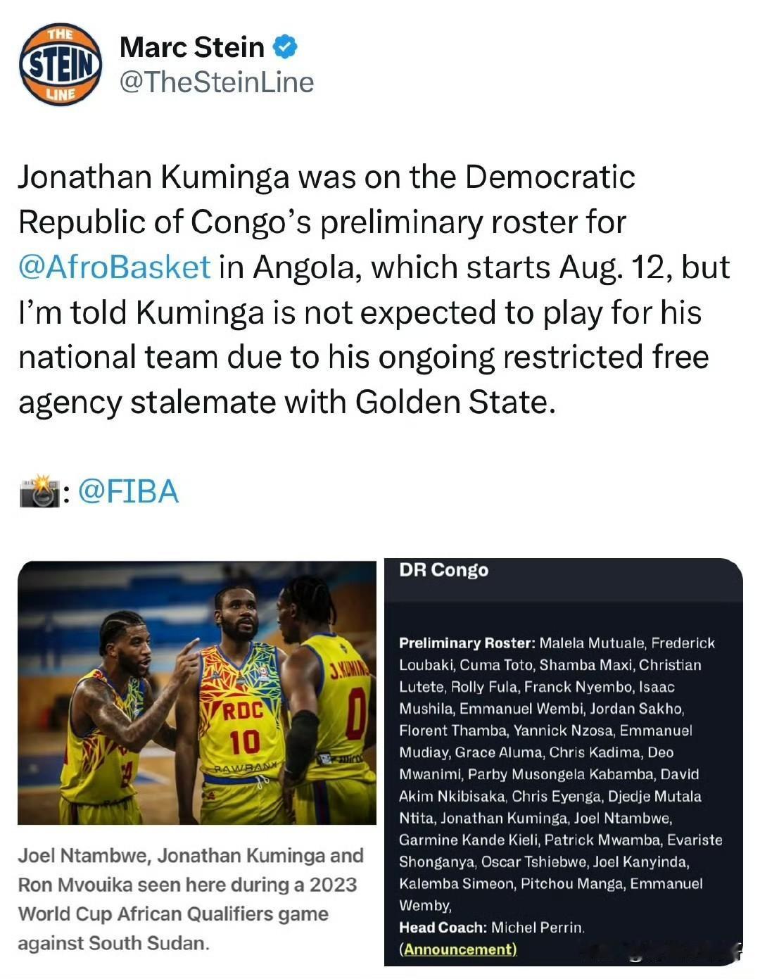 继续和勇士斗下去！！！库明加将不会代表国家队出战非锦赛！

根据记者Marc S