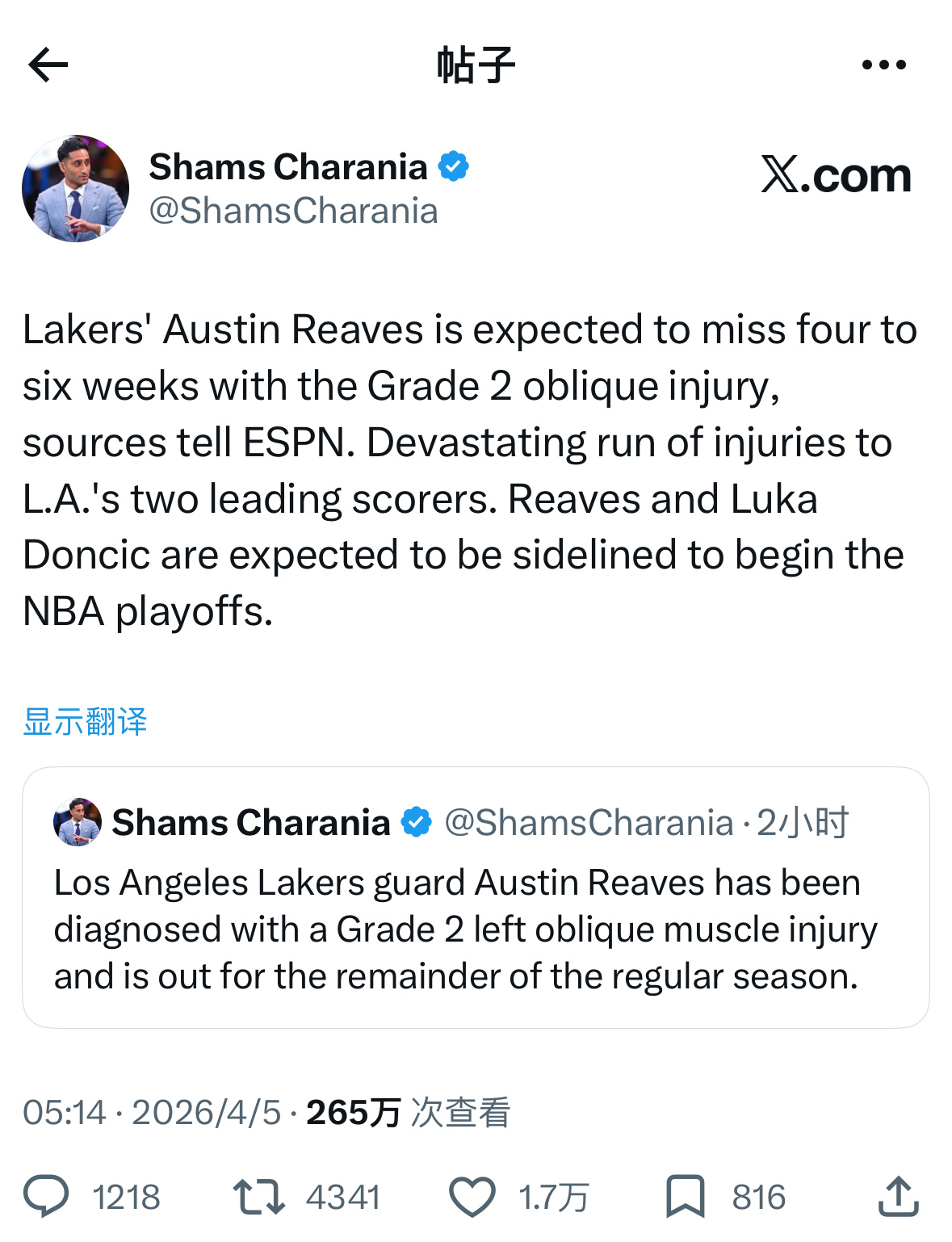 Shams：里夫斯左侧腹斜肌二级损伤，预计将缺席4-6周，这对湖人的两大得分手来