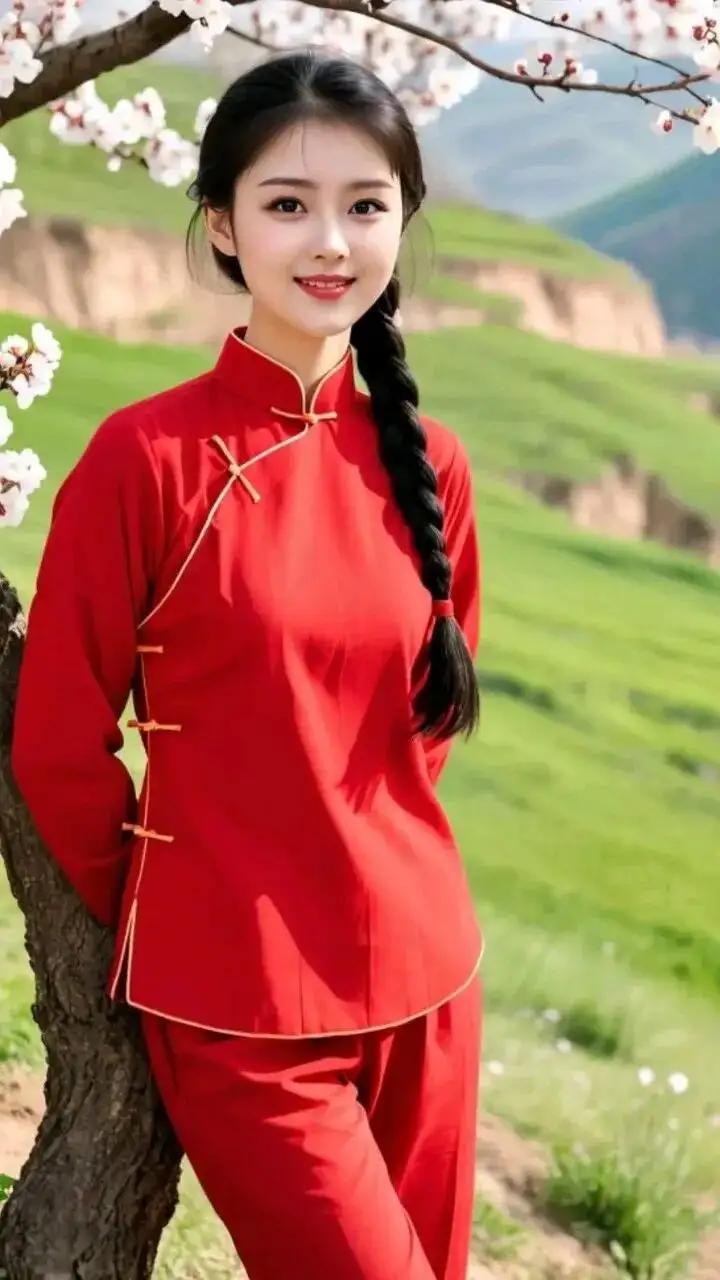 山村姑娘穿红衣站在杏花树下，那画面简直美出了新高度！花沾发丝，余香袅袅，这场景想