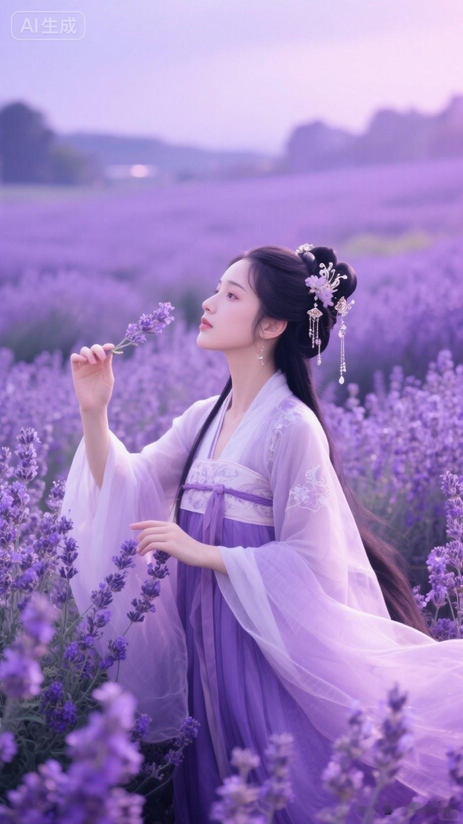 姑娘在花田里赏花，好美！