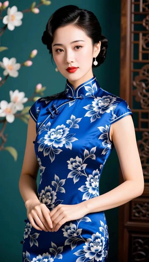 中国旗袍，佳丽多彩。
修身裁剪，曲线优美。
东方文化，国风古韵。
真丝绸缎，天然