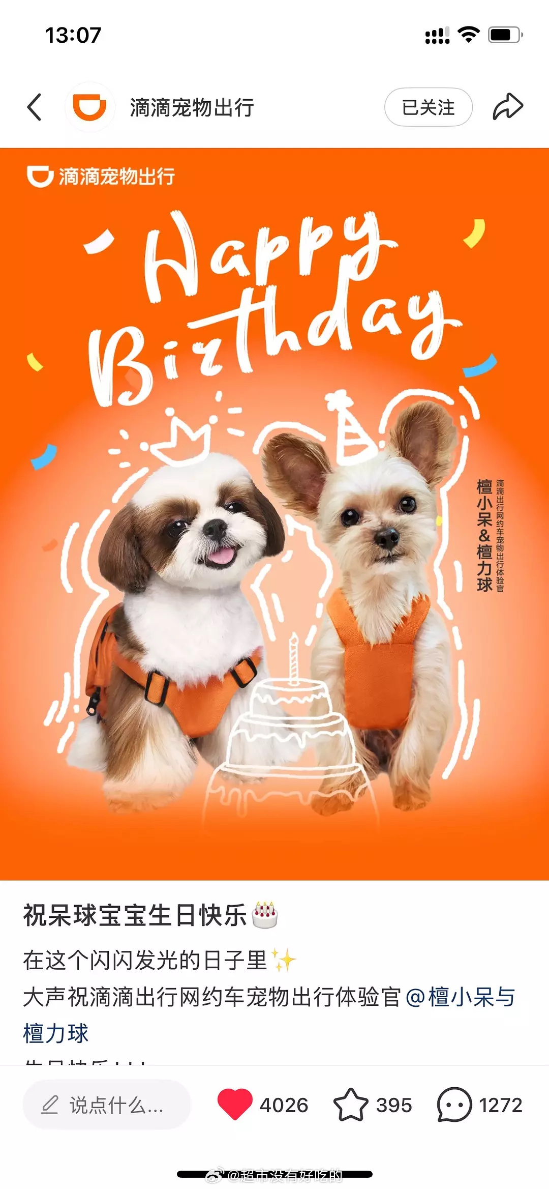 檀健次家狗狗代言的品牌专门发文给呆球庆生还准备了门店打卡小礼物 还有生日大地广 
