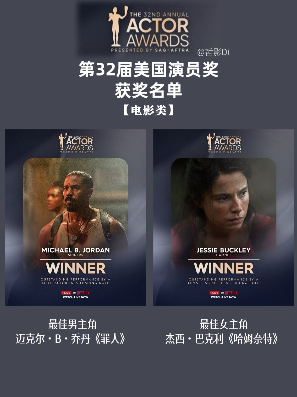 第32届美国演员奖获奖名单电影类名单公布，《罪人》拿下最佳群戏、最佳男主角两项大