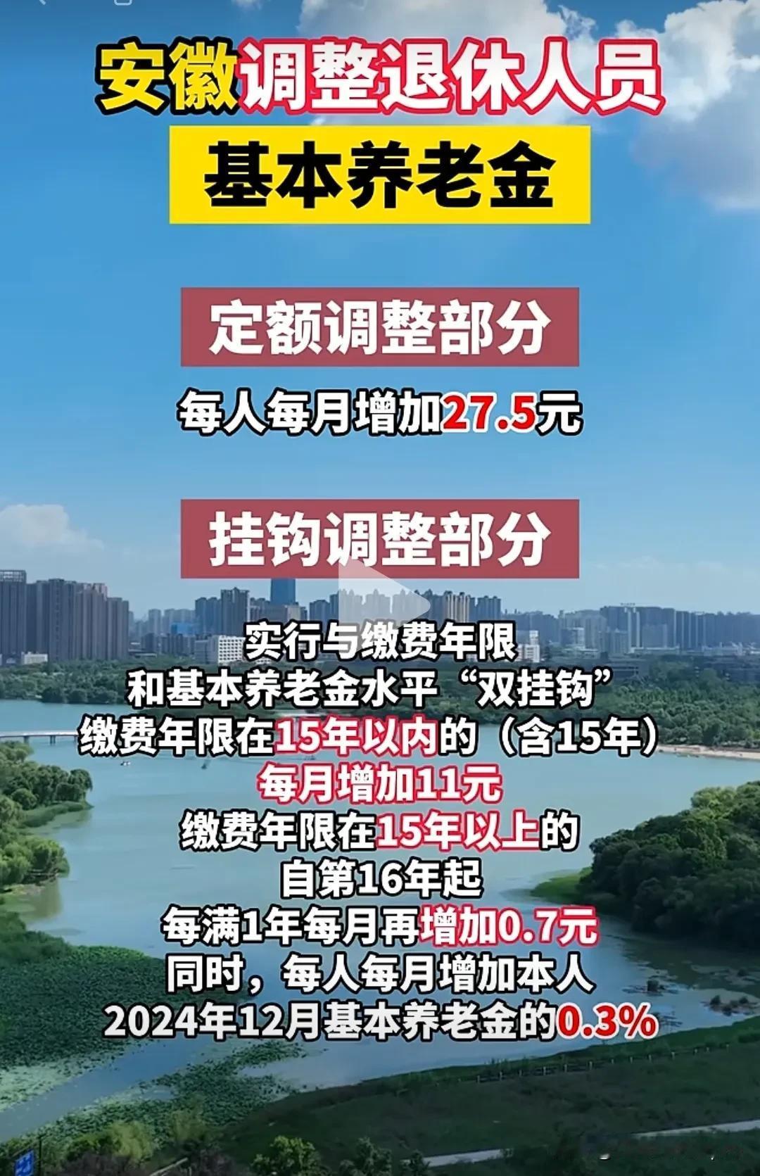 好消息！安徽调整退休人员基本养老金。
在定额部分，每人每月增加27.5元。
在挂
