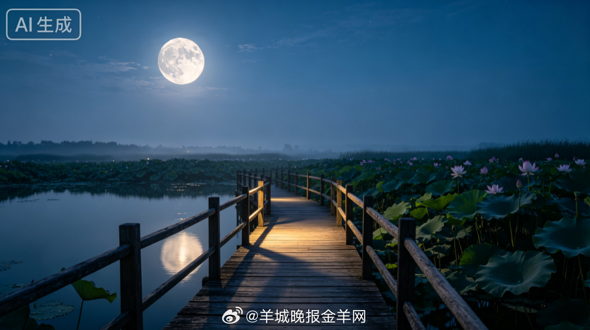 #晚安# 月光落在安静的荷塘木桥上，水面映着月影与莲灯般的微光，夜风裹着夏末的清