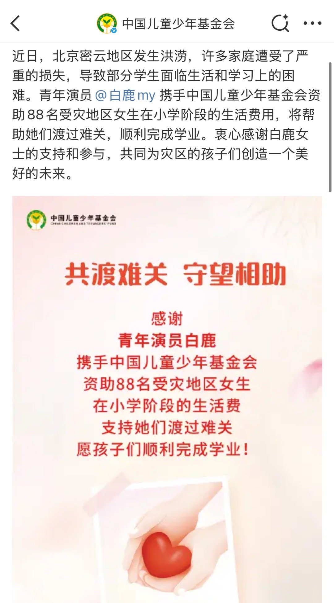因为白鹿本身就是一个很好很好的人  不是一次两次  而是以实际行动做公益  有灾