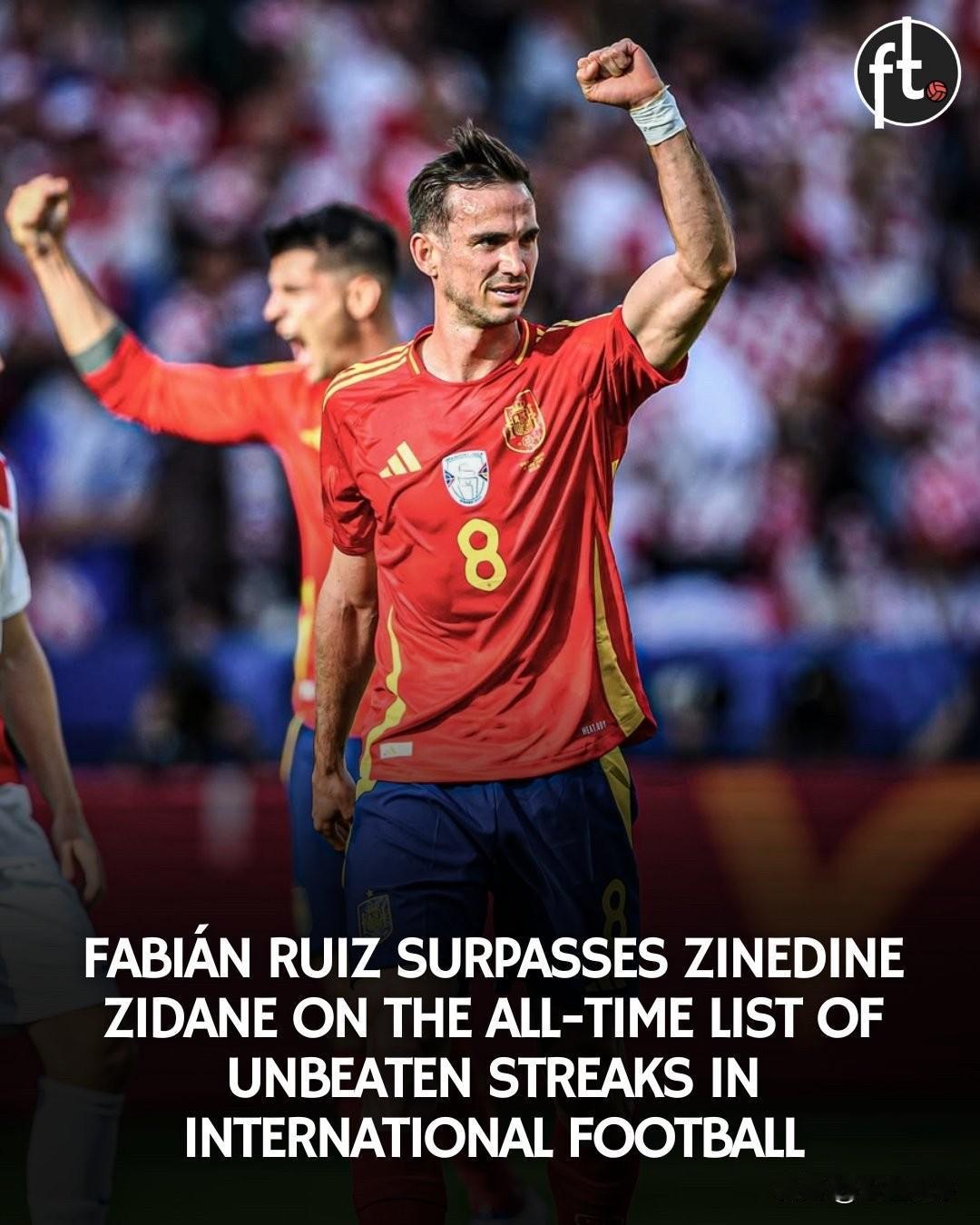 法比安·鲁伊斯已超越齐达内，跻身国际足球历史不败场次纪录榜单。
🇪🇸 卡洛斯
