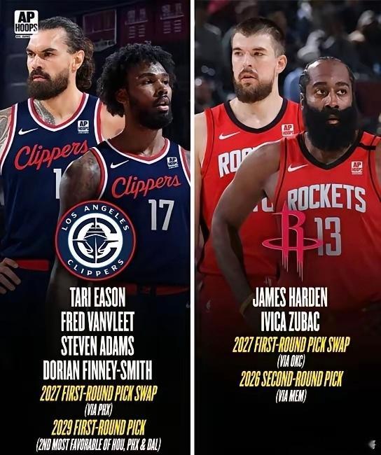 美媒助哈登重回火箭的交易模拟——快船：送出祖巴茨、哈登、2026年灰熊次轮！火箭