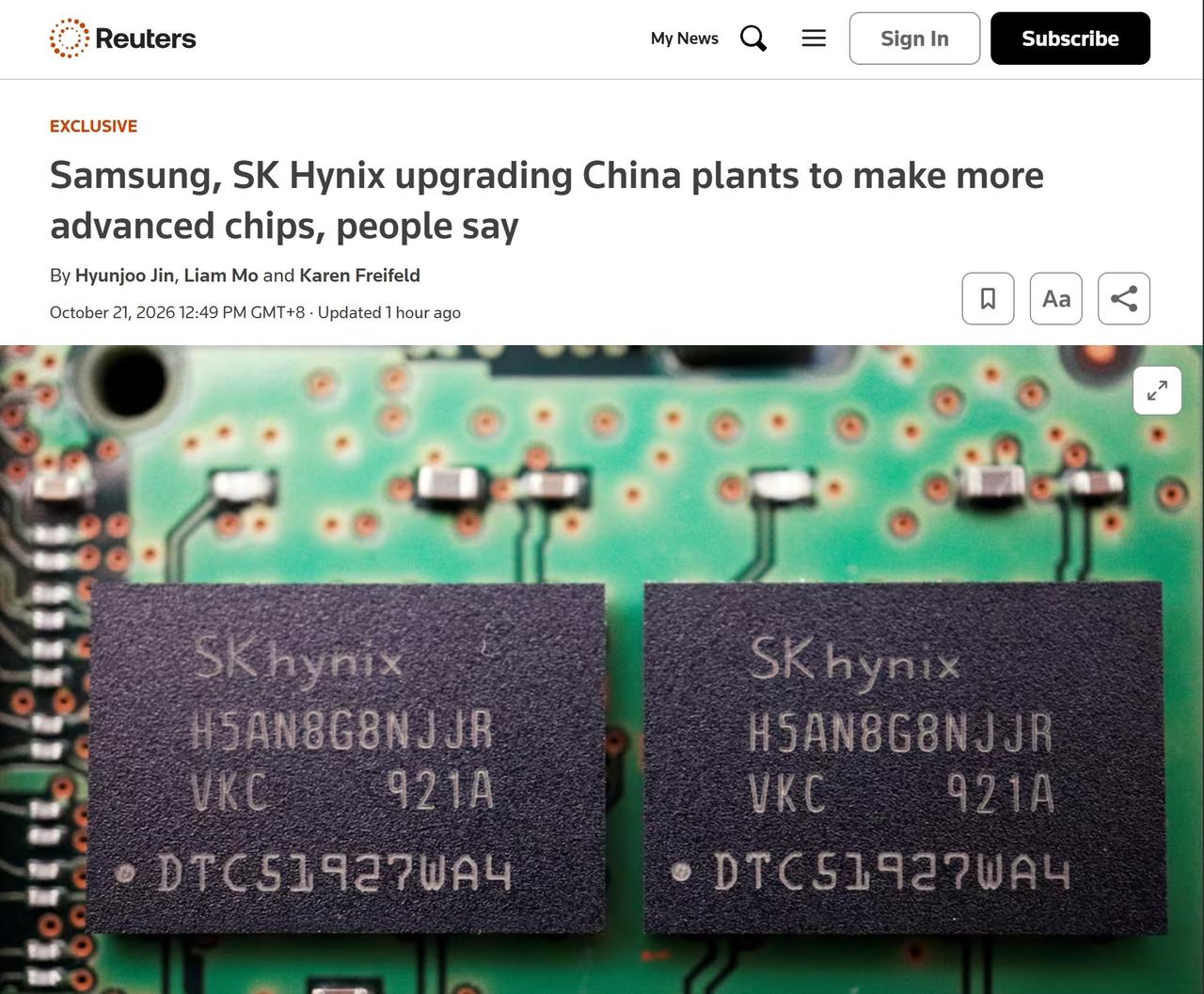 三星电子和SK海力士正在升级其中国工厂，以生产更先进的存储芯片 ​​​​