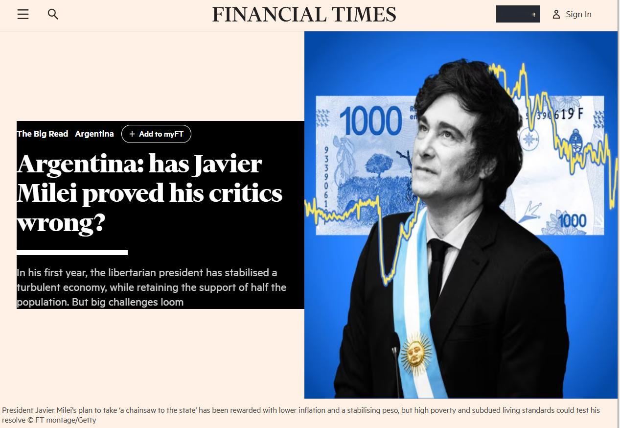 金融时报文章对米莱的改革表示认可，举了一些例子最重要的是，搞了这么激进的改革和让
