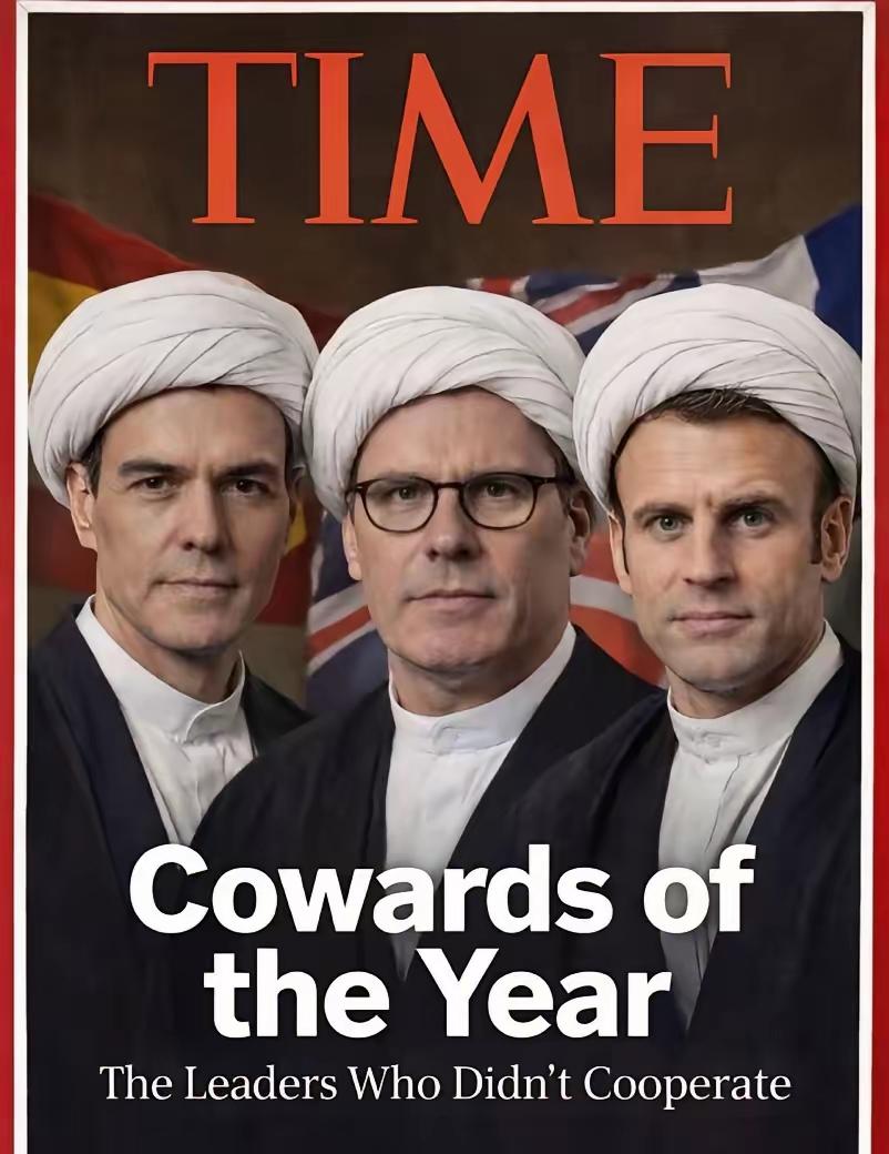 这是美国网友PS的相片，英国首相斯塔莫，法国总统马克龙，西班牙领导人。
上面一排