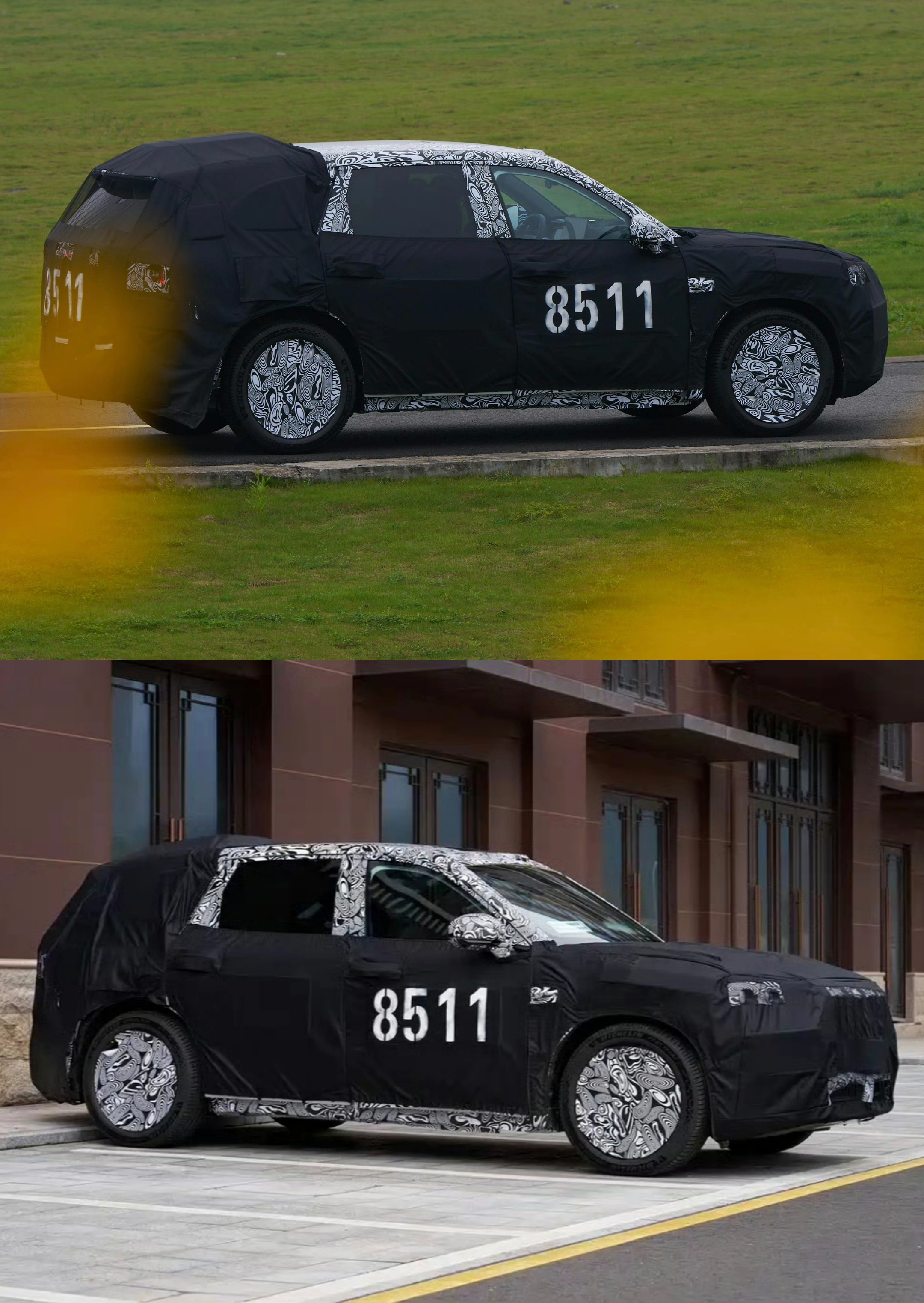 车若初见 杭州湾库里南之后，杭州湾卡宴也搞起来了，极氪8X伪装车又被抓拍了，尺寸