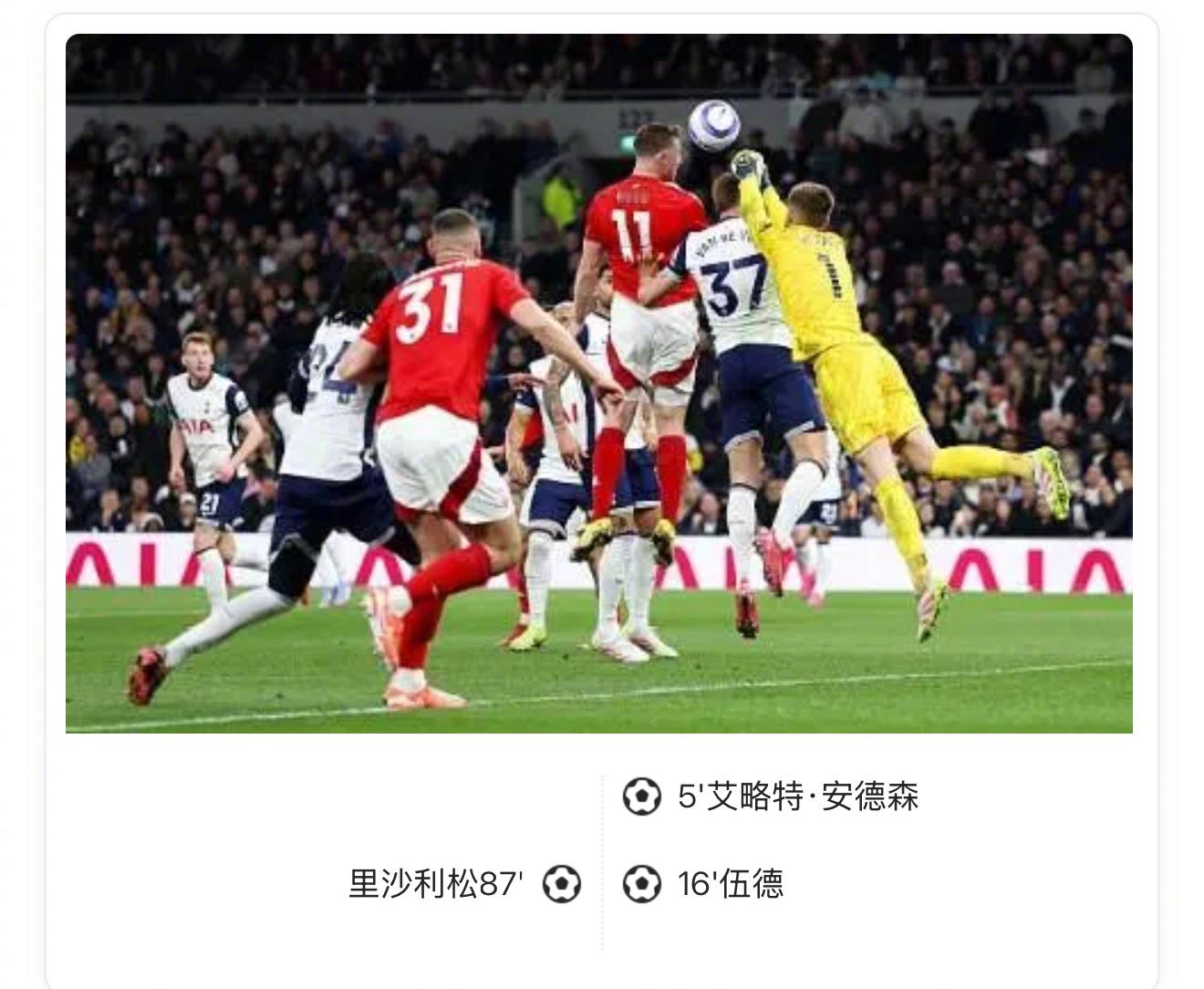 【战报：热刺1比2诺丁汉森林，安德森建功，伍德头球破门】比赛，安德森大禁区外抽射