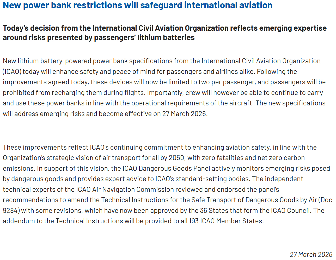 【#国际民航新规乘客最多携带两个充电宝# 】据国际民用航空组织网站消息，当地时间