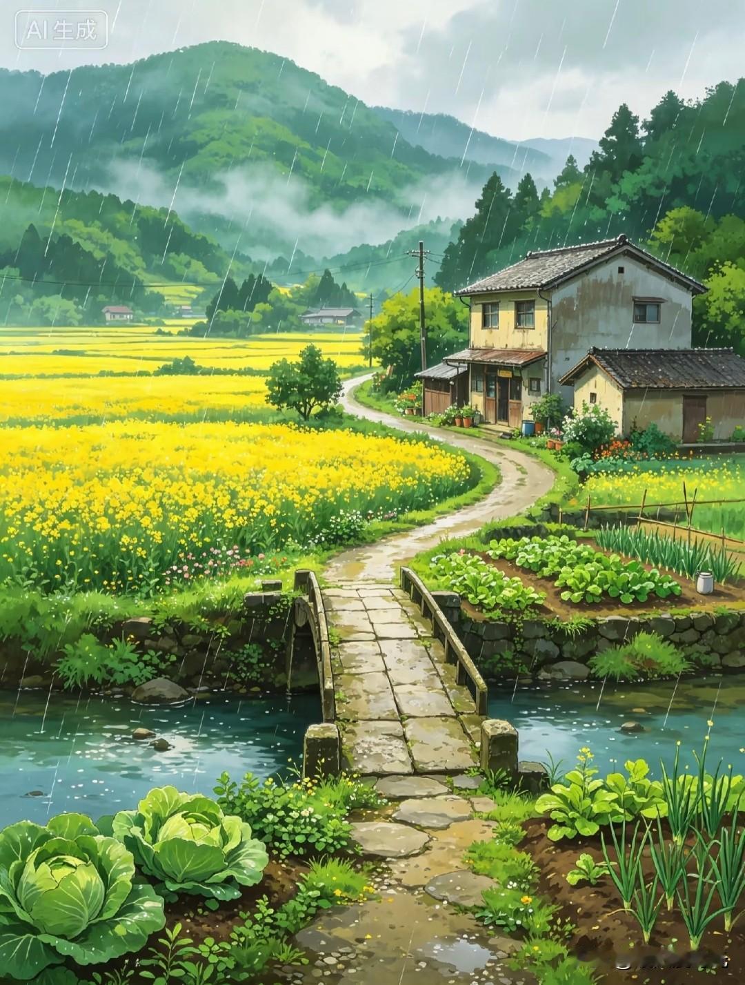 一川春雨落，十里菜花黄
清梨诗意治愈系乡村插画分享