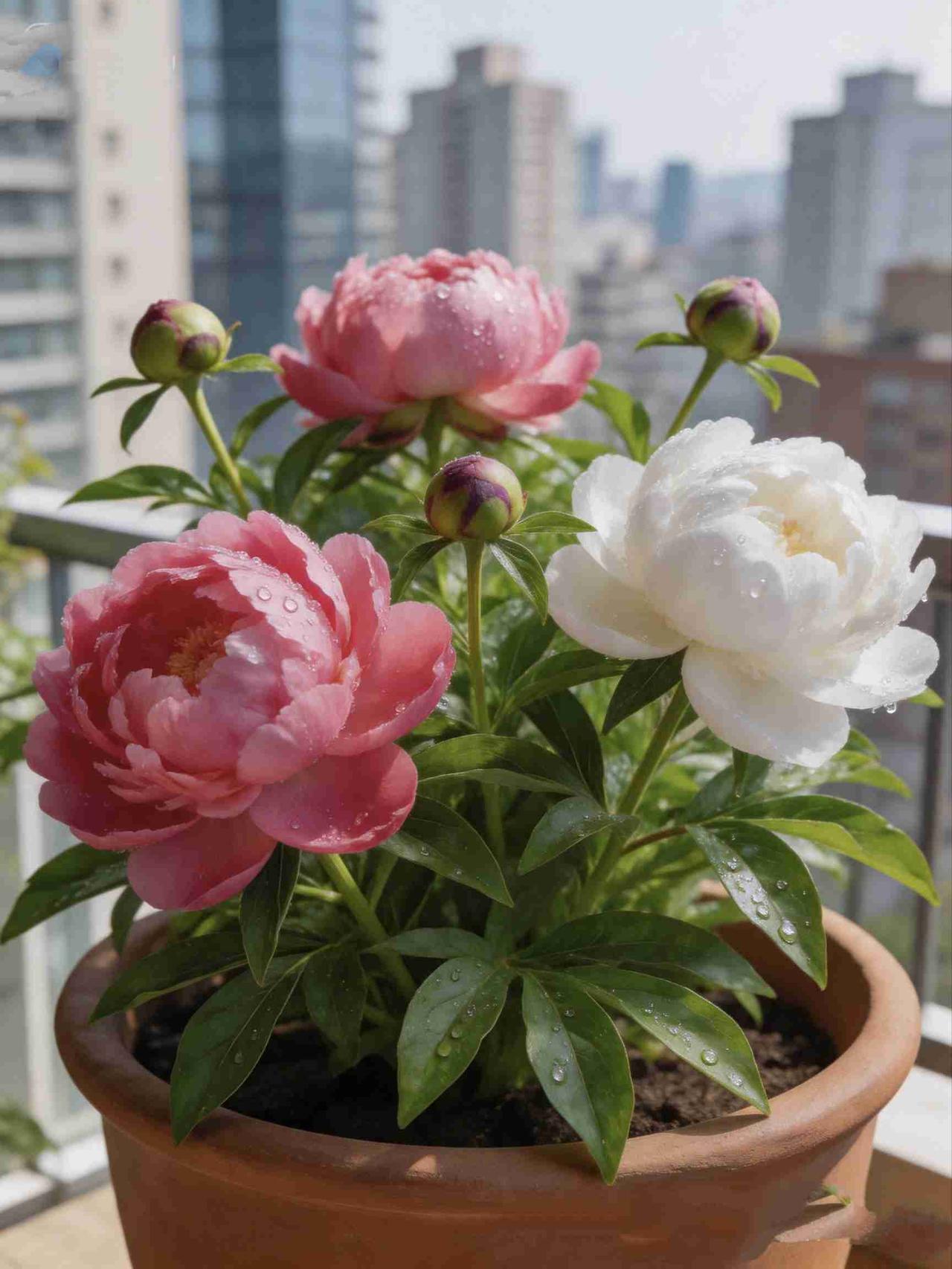 《阳台芍药》

楼宇围起喧嚣的城，
陶盆里，藏着一方春色。
粉瓣凝着剔透水珠，