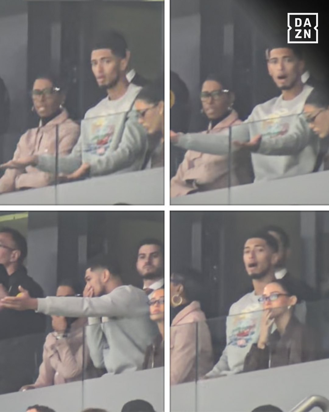 贝林厄姆在看台上不明白越位是怎么回事。皇马vs本菲卡