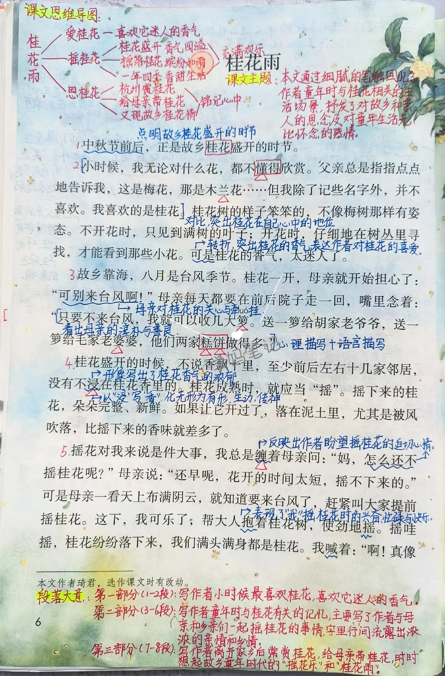 五上语文课堂笔记-3桂花雨。《桂花雨》一文运用借物抒情的写作方法表达作者对家乡的思念之情，作者先写了自己最喜欢桂花，喜欢它迷人的香气；接着写摇桂花的事；最后写总会想起童年时代的“摇花乐”和“桂花雨”。桂花使作者的思乡之情有所依托，就像单元主题提示语一样“一花一鸟总关情”，这也是我们在习作中可以借鉴和参考的地方，一起细细体味吧！