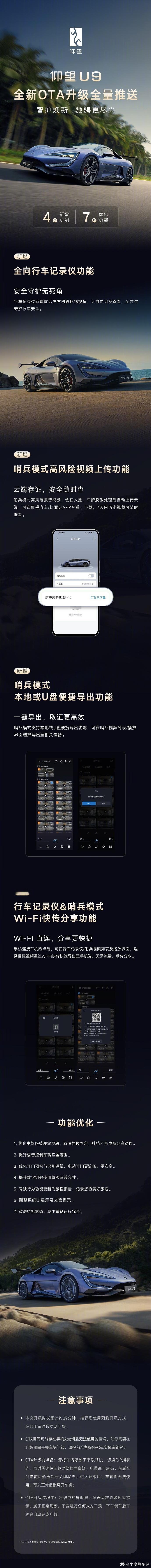 【比亚迪仰望 U9 推送 V2.1.0 OTA 版本：新增全向行车记录仪等功能】