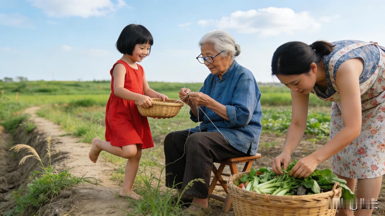 红裙小丫踮脚递篮，奶奶穿针引线，妈妈弯腰择菜，田埂风拂过，满是烟火温柔。