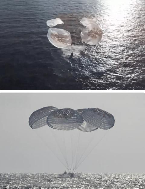 救急的四名宇航员，安全返回地球

执行为期8个月国际空间站任务的一组宇航员，日按