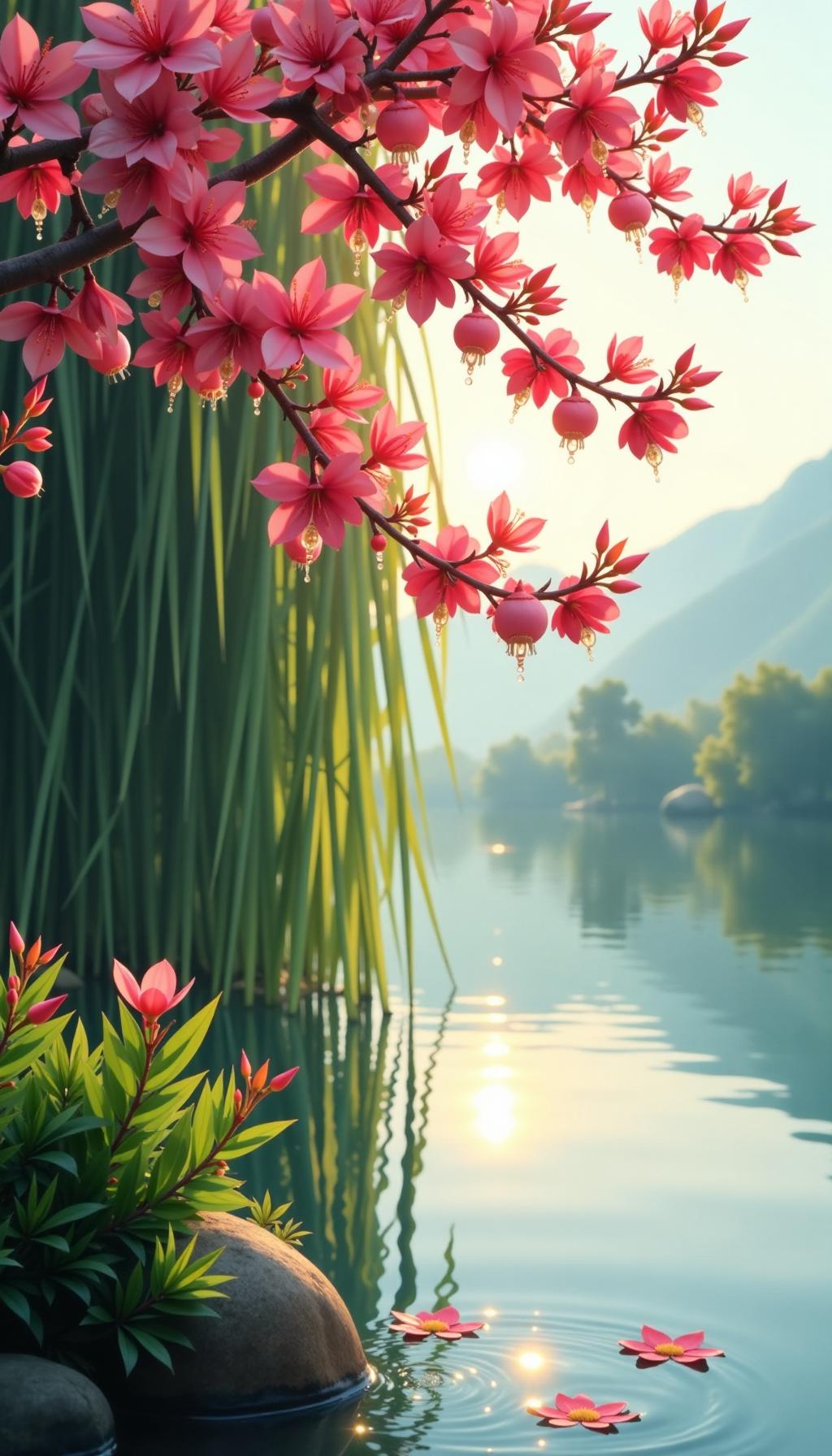 下联：碧柳岸边伴晚风。