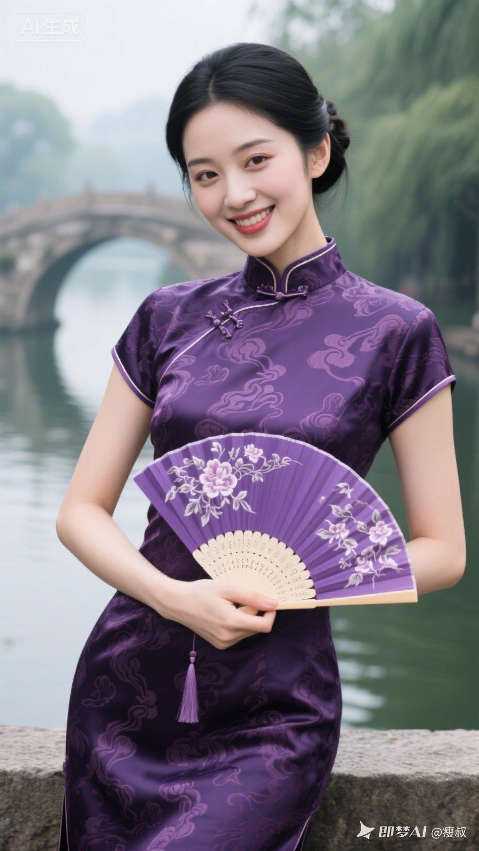 古典美人与古桥相映成趣，紫衣旗袍尽显东方韵味。