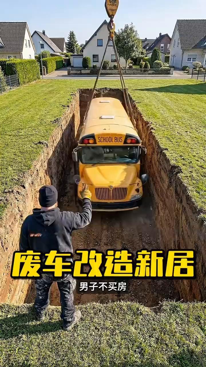 谁能想到男子不买房竟把一辆废弃校车埋进地下改造成了一间隐秘小屋。
·他先将校车放