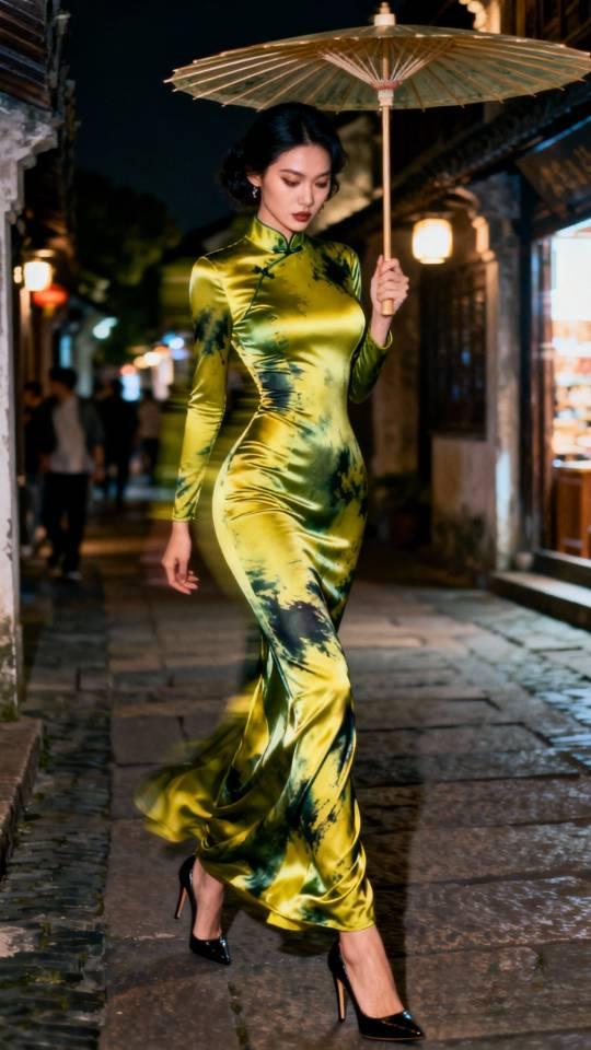 低头走路的旗袍裙美女。旗袍女 旗袍