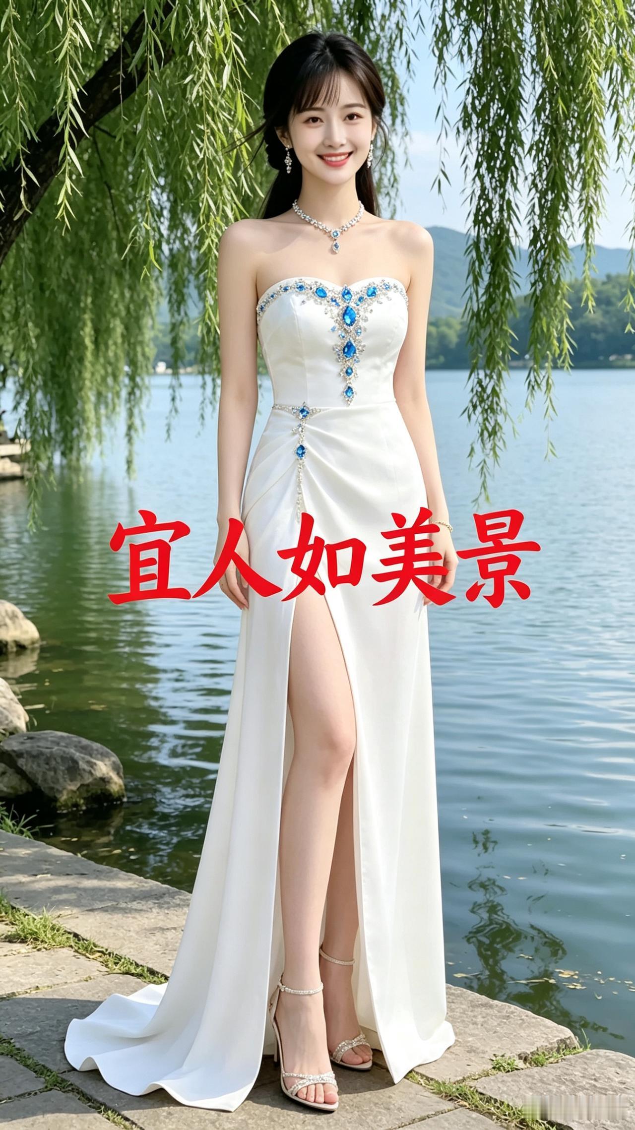湖畔佳人
湖畔垂杨舞翠绦，
碧波潋滟映云霄。
白裳曳地姿容雅，
蓝宝添辉韵更娇。