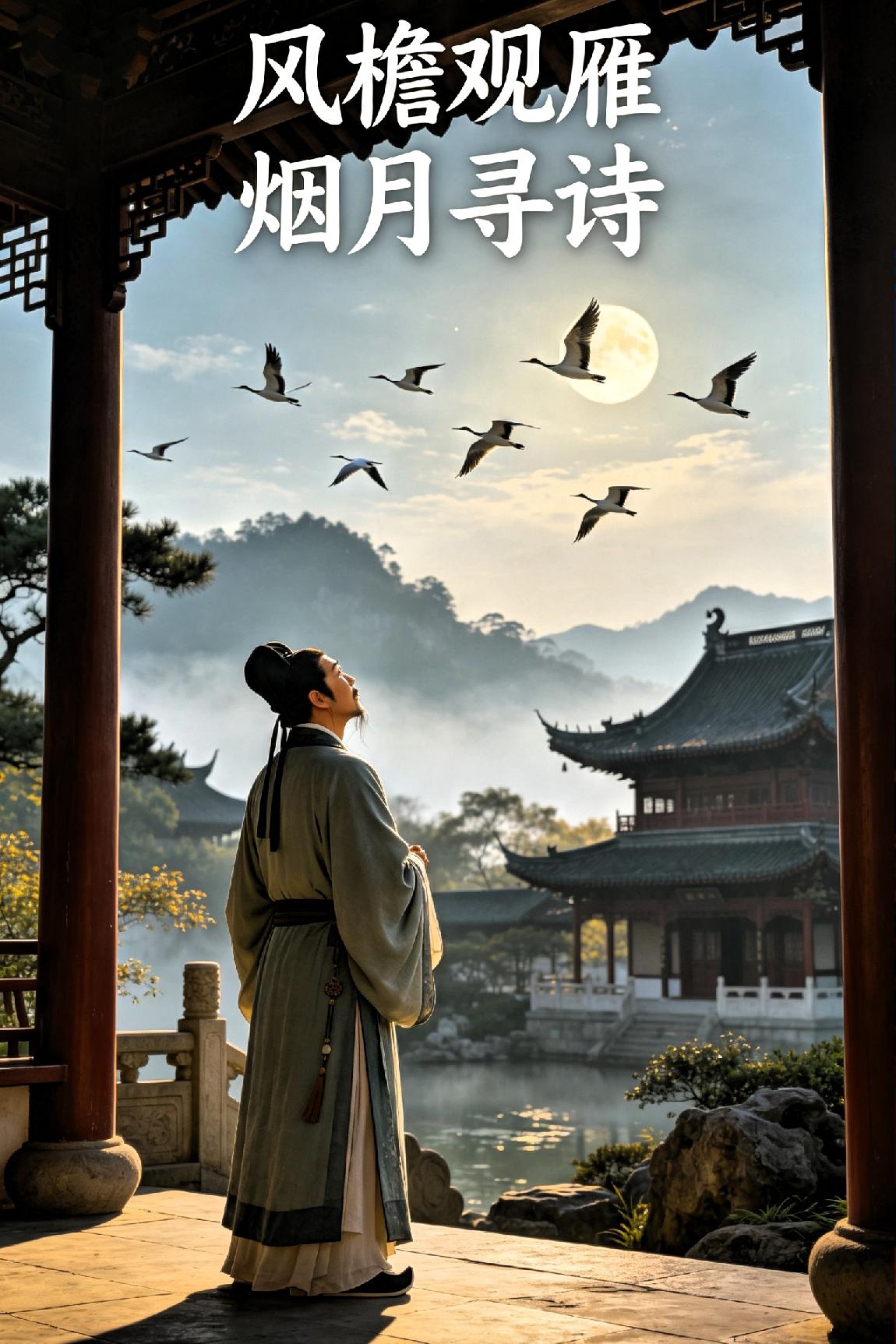 《风檐观雁——烟月寻诗》

 
危檐向晚眺长天，雁阵横空锁翠烟。

振翼辞汀云路