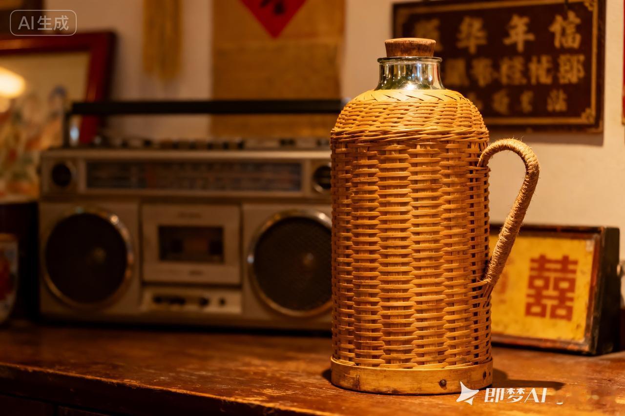 复古氛围下的竹编水壶与老式收音机，怀旧与现代的完美融合。