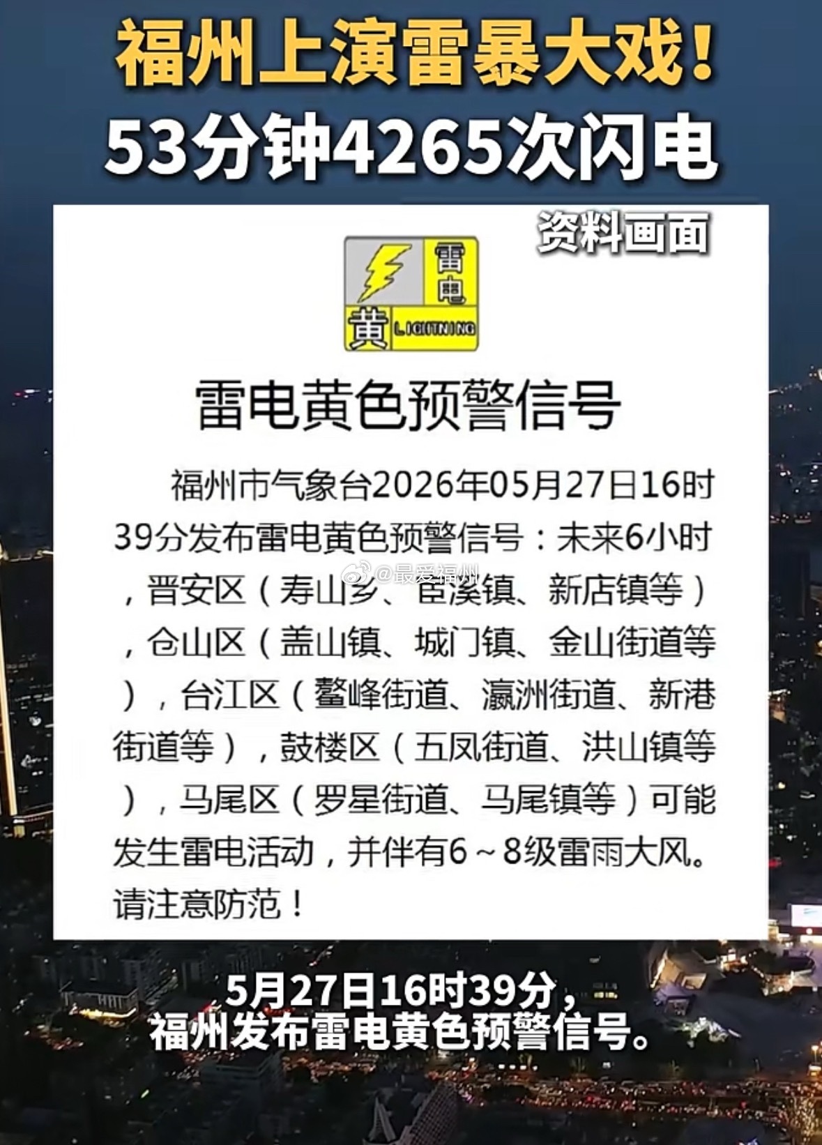 今晚，福州上演雷暴大戏，53分钟4265次闪电福州暴雨