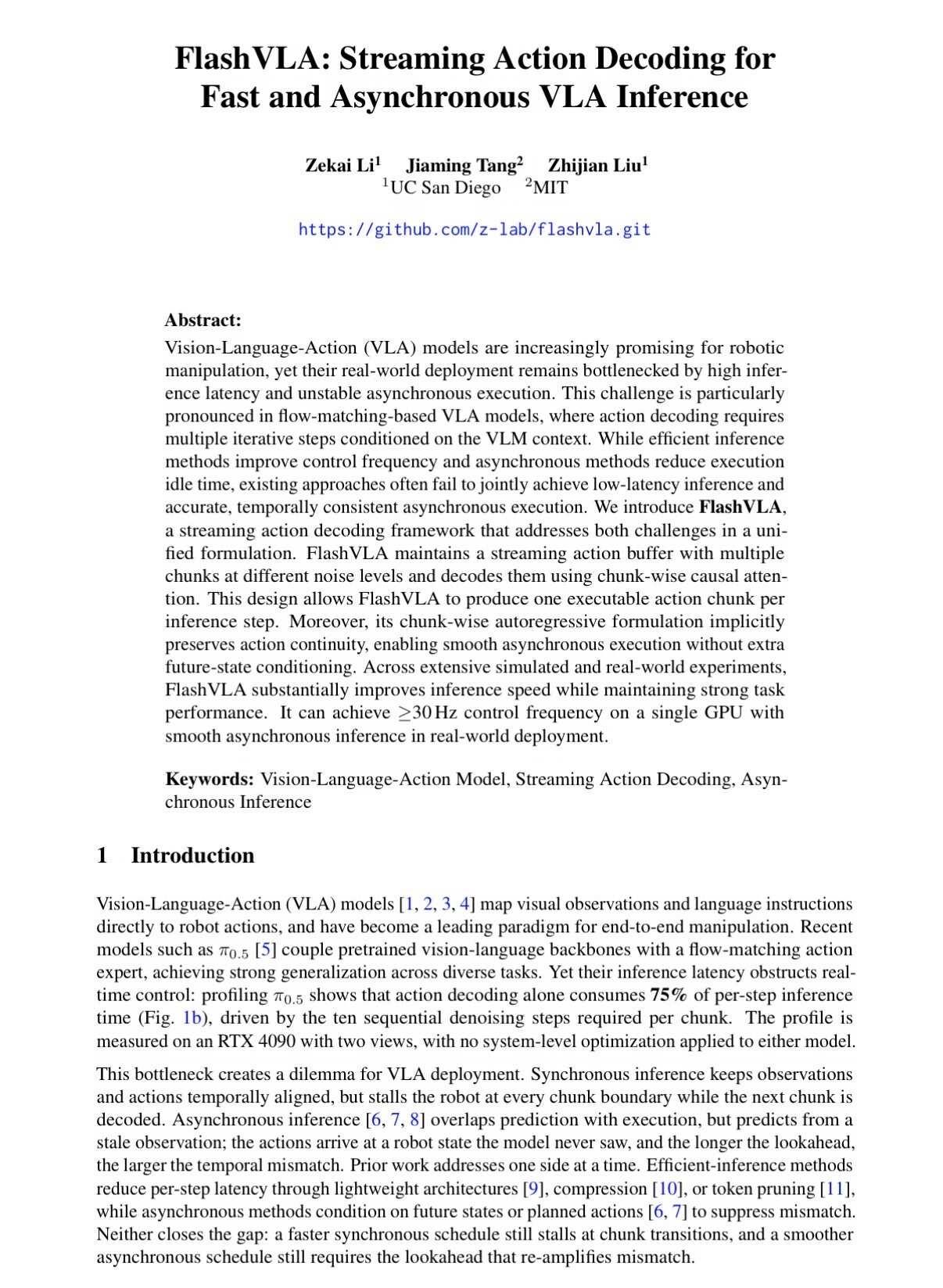 FlashVLA:让机器人边执行边解码，单卡也能跑出 30 Hz
	
arXiv