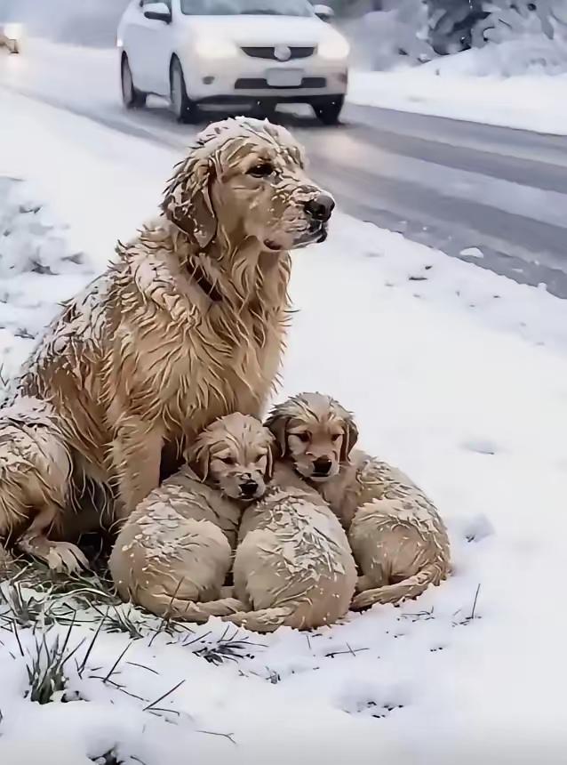 回老家，下雪又冷在路边看到只金毛妈妈把三只小狗紧紧护在怀里。它的毛都冻成了冰条，