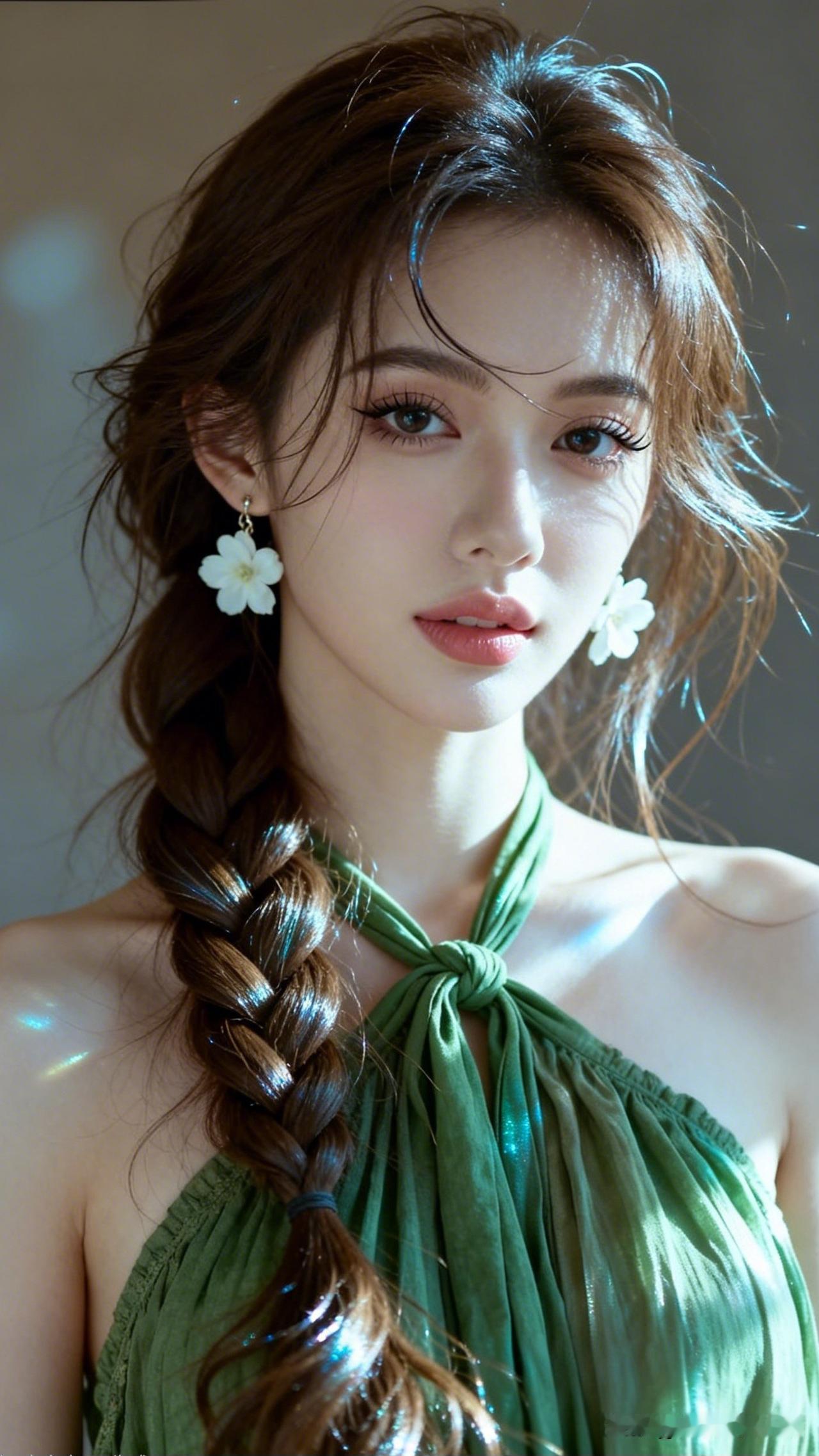 温柔花环耳饰，清新自然妆容，绿色连衣裙，自然光下优雅动人。